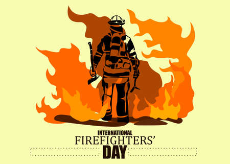International firefighter day concept. Firefighter silhouette vector illustration, as a banner, poster or template for international firefighters day with lettering, fire and flames.のイラスト素材