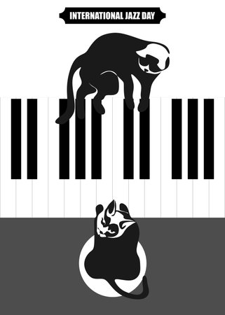 International Jazz Day music negative space style vector poster for jazz festival or night blues retro party with view from above piano keys. Cat lies on the lid of the piano. Cat sits on a chair and plays the piano. Negative space style vector black and white posterのイラスト素材