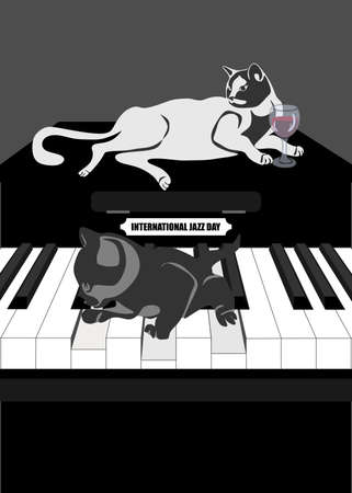 International Jazz Day music negative space style vector poster for jazz festival or night blues retro party with view from above piano keys. Cat lies on the lid of the piano with a glass of wine. Kitten walks on the piano keys. Negative space style vector black and white continuous line posterのイラスト素材