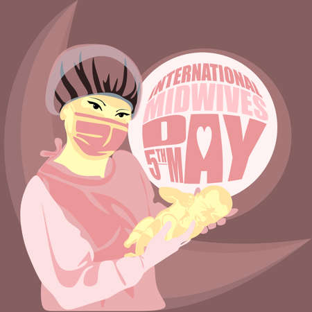Asian female happy smiling beautiful nurse carefully holding newborn baby, in scrubs, face mask, gloves. Midwife International Day, May 5 professional holiday vector poster.のイラスト素材