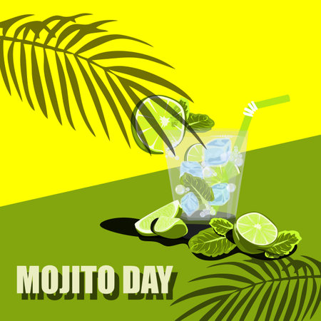 Vector cartoon flat illustration of isolated Classic Mojito bubbling cocktail. Hand drawn glass of fresh Mojito with lime, mint, ice cubes and straw for drinking under the shade of palm leaves. Classic alcohol cocktail, summer party drink.のイラスト素材