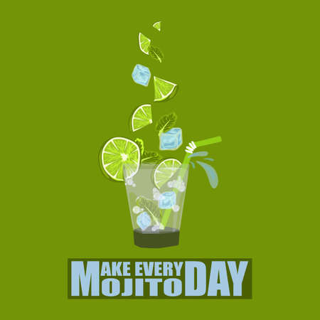 Vector cartoon flat illustration of isolated Classic Mojito bubbling cocktail. Hand drawn glass of fresh Mojito with lime, mint, ice cubes and straw for drinking. Classic alcohol cocktail, summer party drink.のイラスト素材