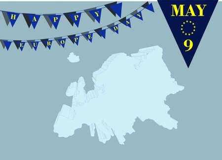 Europe Day 9th May. Europe Map an Flag Concept. Vector Background design, banner, poster or card with flags and lettering. Peace and unity in Europe celebrated on 9 May by the European Union.のイラスト素材