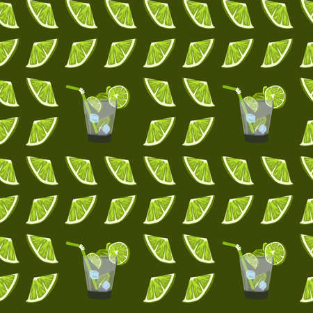 Seamless pattern with lime slices and glass of mojito cocktail. Vector citrus fruit pattern. Summer design with juicy fruit. Vector pattern for fabric, packaging fresh summer juicy conceptのイラスト素材