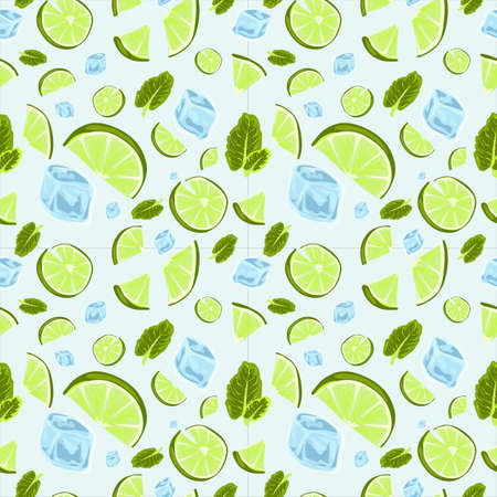 Seamless pattern with lime slices, mint leaves and ice cubes. Vector citrus fruit pattern. Summer design with juicy fruit. Vector pattern for fabric, packaging fresh summer juicy conceptのイラスト素材