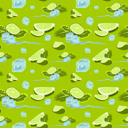 Seamless pattern with lime slices, mint leaves and ice cubes. Vector citrus fruit pattern. Summer...