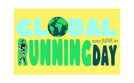Global running Day in June, vector banner design. A young smiling handsome happy man is running against the backdrop of a stylized lettering World running day with globe. The concept of a healthy lifestyle and sports.のイラスト素材