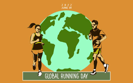 Global running Day in June, vector banner design. A young smiling female and a handsome happy man are running against the backdrop of a large globe. The concept of a healthy lifestyle and sports.のイラスト素材