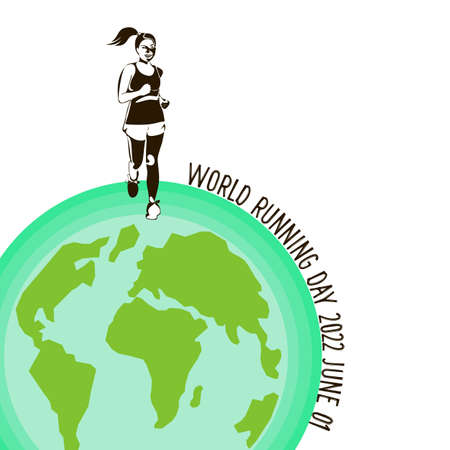 Global running Day in June, vector banner design. A young smiling happy female is runnig over the globe Earth.The concept of a healthy lifestyle and sports.のイラスト素材