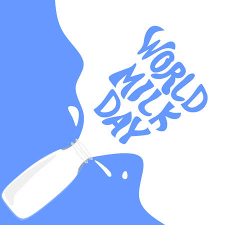 Milk spilled from a glass bottle in the form of a phrase World Milk Day. World Milk Day Vector graphic vector design. Banner, post or card with lettering.のイラスト素材