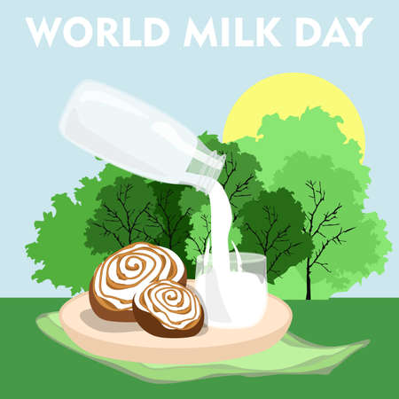 World Milk Day Vector graphic vector design. Banner, post or card with lettering. Milk from a glass bottle is poured into a glass wich is on a plate with a napkin and cinnamon buns with icing on the background of trees, sky and sunのイラスト素材