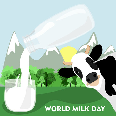 World Milk Day Vector graphic vector design. Banner, post or card with lettering. Milk from a glass bottle is poured into a glass on the background of trees, mountains, sky and sun and a cowのイラスト素材