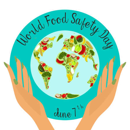 World food safety day on June 7 banner, poster or card vector clipart design. The concept of healthy eating, healthy lifestyle. Fresh natural products, vegetables and fruits, dairy products. Healthy safe foodのイラスト素材