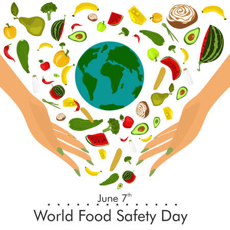 World food safety day on June 7 banner, poster or card vector clipart design. The concept of healthy eating, healthy lifestyle. Fresh natural products, vegetables and fruits, dairy products. Healthy safe foodのイラスト素材