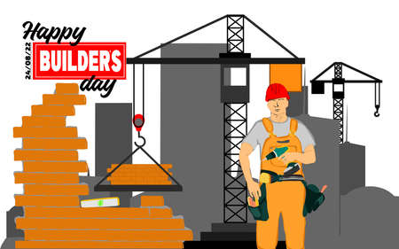 A builder in uniform and a helmet, with construction equipment against the background of...