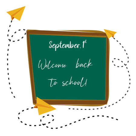 Welcome back to school. Stylish lettering on school blackboard with paper airplais flying around....