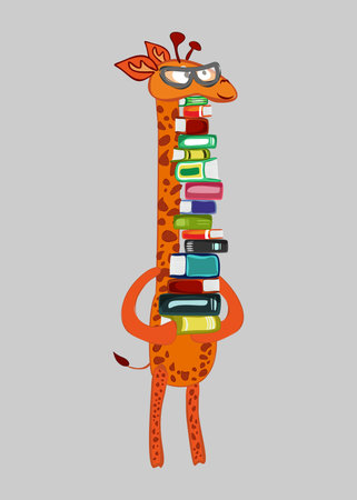 Vector illustration of a cartoon giraffe holding a large stack of booksのイラスト素材