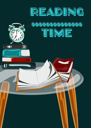 Vector poster of Glass table with books and tea pot and cup on it. Time to tea time ti read guoteのイラスト素材