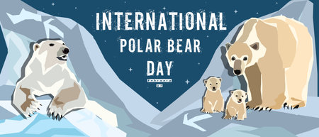 International Polar Bear Day vector. Big polar bear with mama bear and bay bears illustration. Polar Bear Day Poster or banner February 27. Important dayのイラスト素材