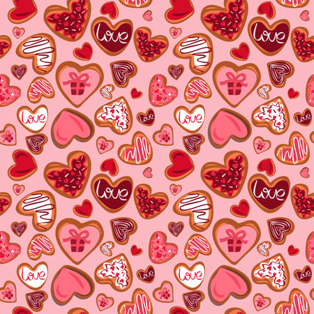 Happy valentines hearts cookies seamless pattern. Romantic Valentines Day 14 February backgroundのイラスト素材