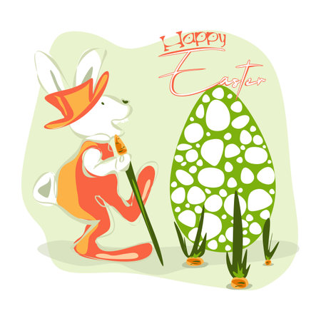 Happy Easter greeting card with cute bunny and colorful egg. Animal wildlife holiday cartoon character. Vectorのイラスト素材