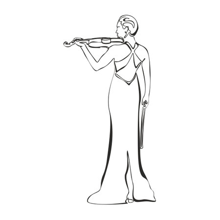 Silhouette of a beautiful woman with a violin in a modern continuous line style. Violinist girl, slender. Continuous line drawing, decor aesthetic outline, posters, stickers. Vector illustrationのイラスト素材