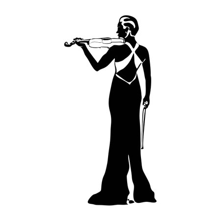 Violinist isolated vector black and white silhouette. Musician standing and playing violin on white backgroundのイラスト素材