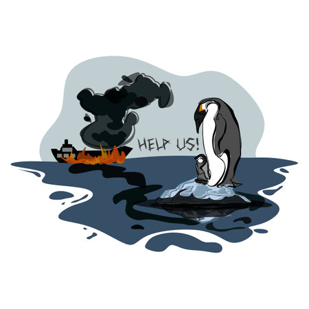 Oil spill in sea and dirty penguin. Environment disaster, ocean pollution, ecology catastrophe concept. Vector cartoon illustrationのイラスト素材