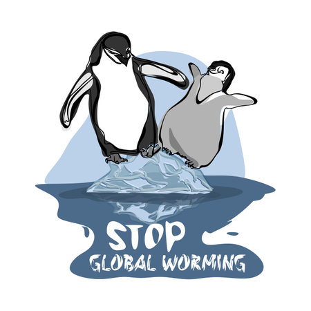 Global warming poster design. Ecological catastrophe. Save Arctic and arctic animals. Save environment. Save penguins and polar bearsのイラスト素材