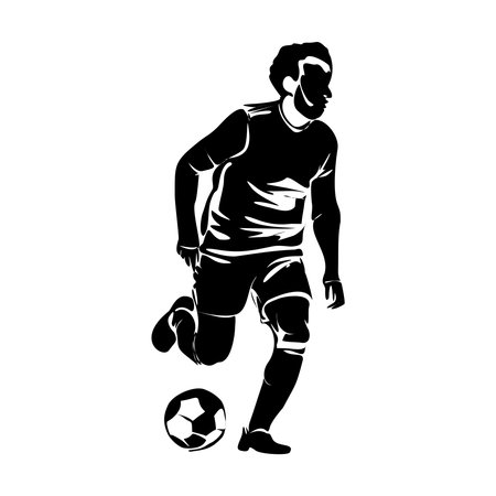 Soccer, football player kicking ball, footballer shoots and scores a goal, a player selebrating the victory isolated vector black silhouetteのイラスト素材