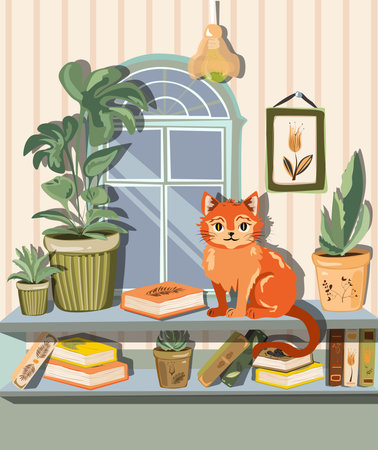 A room with a large window and with different books,potted plants and a cat on it. Cute cartoon style illustrationのイラスト素材