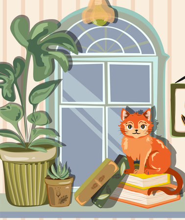 A room with a large window and with different books,potted plants and a cat on it. Cute cartoon style illustrationのイラスト素材