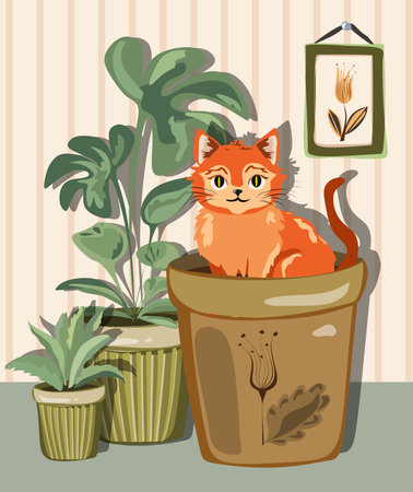 Cozy orange tabby cat sitting inside a terracotta plant pot surrounded by lush green leaves. Cute cartoon illustrationのイラスト素材