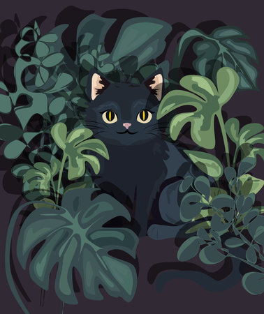 Cute black cat sits peacefully among plants. cartoon style illustrationのイラスト素材