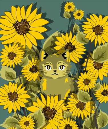Cute cat sits peacefully among sunflowers plants. cartoon style illustrationのイラスト素材