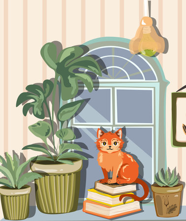 A room with a large window and with different books,potted plants and a cat on it. Cute cartoon style illustrationのイラスト素材