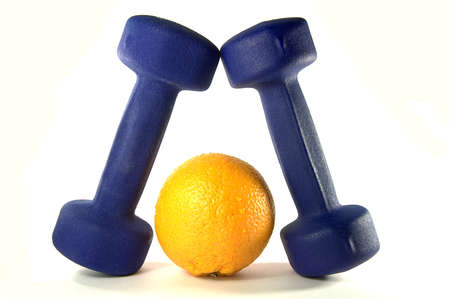 Blue Dumbbels and tasty orange over whiteの写真素材