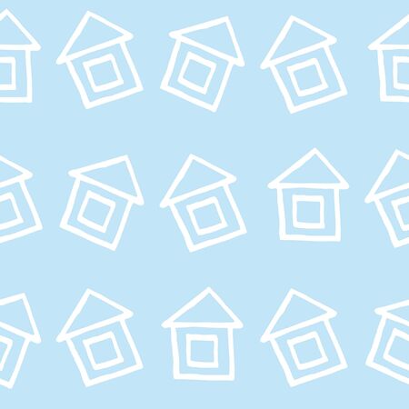 Simple doodle pint with cozy white homes. Hand drawn houses are located in chaotic style. Seamless pattern for graphic design and children's goods.Vector illustration.のイラスト素材