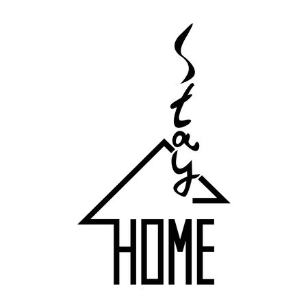 Words - stay home - motivation sign for banners and typography. Hand drawn lettering with graphic housing about safety measures. Vector illustration. Isolated on white background.のイラスト素材