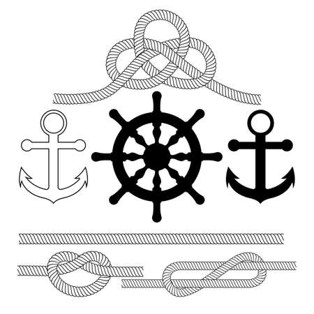 Vector illustration on the theme of the sea . Anchor, steering wheel, rope knots.のイラスト素材