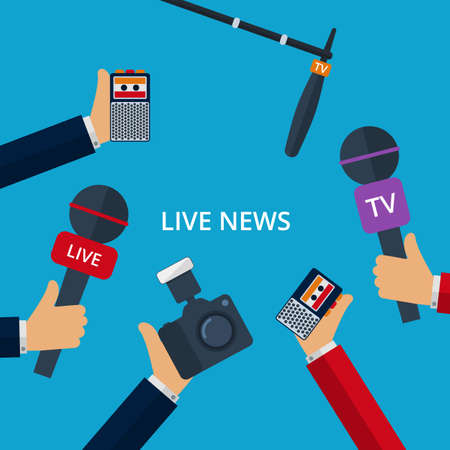 Vector illustration of live news. Hands with microphones , tape recorders , camera.のイラスト素材