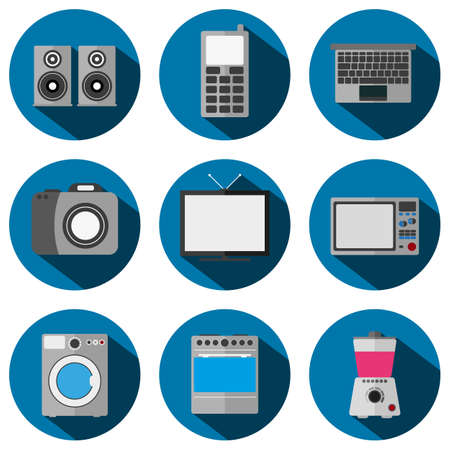A set of flat icons: loudspeakers, phone, laptop, camera,TV, washing machine, blenderのイラスト素材