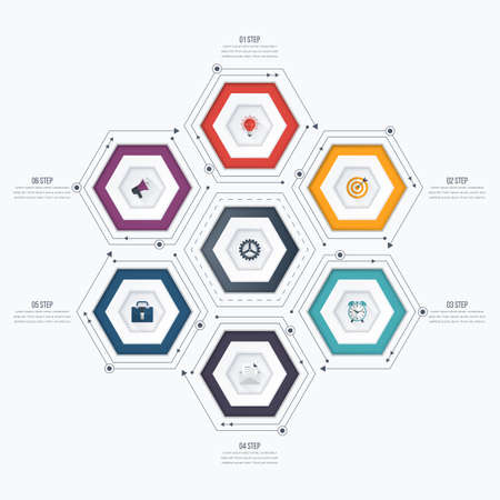 Infographics template 6 options with hexagon