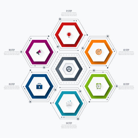 Infographics template 6 options with hexagon. Can be used for workflow layout, diagram, number options, step up options, web design, presentationsのイラスト素材