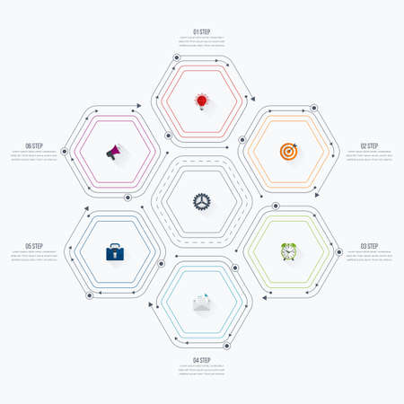 Infographics template 6 options with hexagon. Can be used for workflow layout, diagram, number options, step up options, web design, presentationsのイラスト素材