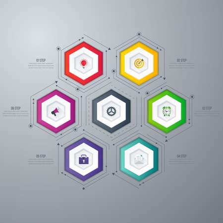 Infographics template 6 options with hexagon. Can be used for workflow layout, diagram, number options, step up options, web design, presentationsのイラスト素材