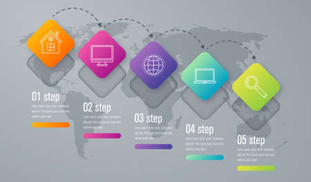 Infographic template of square elements. Business concept with 5 options, steps, parts, segments. Vector banner for web, timeline infographics, workflow layout, diagram, chart, annual reportのイラスト素材