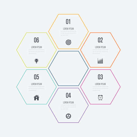 Vector illustration infographics six options. Data and information visualization. Dynamic infographics stylish geometric. element for design business invitations, gift cards, flyers and brochuresのイラスト素材