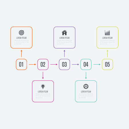 Modern infographics with 5 square. Vector. Can be used for web design, timeline and workflow layoutのイラスト素材