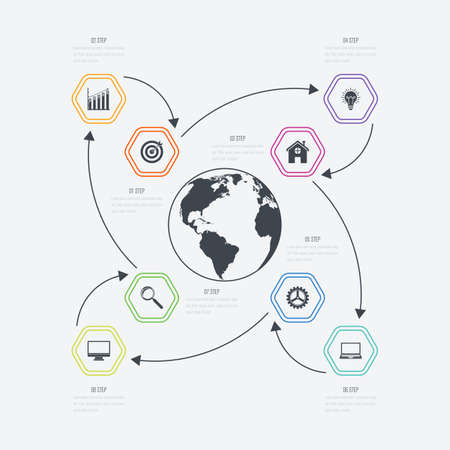 Infographics template 8 options. Data and information visualization. Dynamic infographics stylish geometric. element for design business invitations, gift cards, flyers and brochuresのイラスト素材